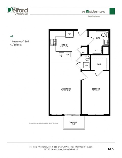 A floor plan for a Delford apartment shows a living room, a bedroom, a bathroom, a kitchen, and a balcony.